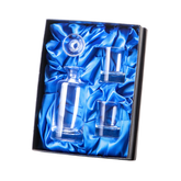 Clear glass handmade mini decanter with 2 shot glasses set in a blue satin-lined gift box for gifting