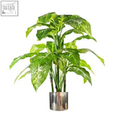 A 100cm large foxs aglaonema artificial plant with flexible stems and vibrant leaves in a silver metal planter