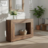 Rustic wooden modern rustic console table with hollow geometric frame and open shelf for entryway or sideboard use