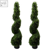 Two 120cm spiral buxus artificial trees with dense dark green foliage in black pots perfect for outdoor use