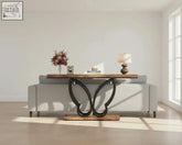 Sleek 140cm console table with dark butterfly metal frame and rustic wooden top perfect for sofa area