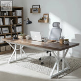Modern wooden office desk with white metal x-frame legs and minimalist design offers sleek laptop study space