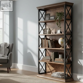 Rustic industrial bookcase with 180cm height, 5-tier distressed wooden shelves, and black metal x-frame supports