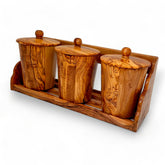 Olive Wood Storage Canister Set of 3 with Rack | Wooden Kitchen Spice Jar Pots