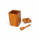 Handcrafted Olive Wood Square Salt Keeper - Wooden Spice Box Pots & Spoon