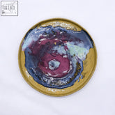 Handcrafted 23 cm berrywave stoneware handmade ceramic dinner plate with glossy purple blue glaze and mustard-yellow rim
