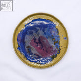 A 23 cm deepsea stoneware handmade ceramic dinner plate with glossy blue and magenta glaze and mustard-yellow rim