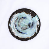Handcrafted 27 cm tidepool smoked grey large stoneware handmade ceramic dinner plate with glossy black rim and blue swirl pattern