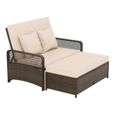 2-Piece Outdoor Wicker Loveseat Sofa Furniture with Storage Ottoman-Brown
