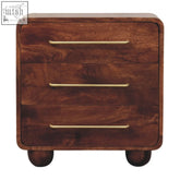 Dark brown wooden 3-drawer nightstand with brass handles in winewood oak finish for stylish storage