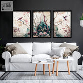 Three framed chinoiserie wall art prints with pastel watercolor birds and blossoms for living room decor