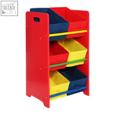 Red mdf kids storage unit with three tiers holding blue and yellow bins for easy kids storage organization