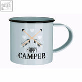 Light gray enamel 350ml happy camper mug with black rim handle and rustic crossed arrows hearts design