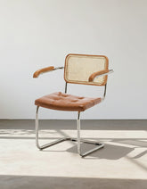 Classic Keaton Rattan Dining Chair, Leather & Chrome, With Armrests