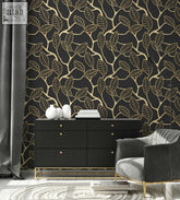 Black dresser with gold-tone hardware and white ceramic vases against traditional paper 3d gold leaf art deco wall mural