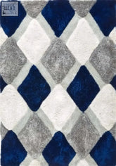 A plush 3d navy geometric shaggy rug with bold navy blue gray and white interlocking diamond pattern