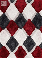 A plush 3d red geometric shaggy area rug with bold diamond patterns in deep red black and white