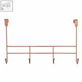 Copper-colored metal door hanger with four hooks and two mounting clips in rose gold finish for over the door use