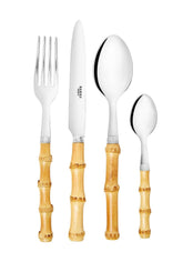 4-piece bamboo cutlery set with bamboo handles and polished silver stainless steel blades for stylish dining