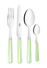 Set of four stainless steel cutlery set with lime green and white striped handles for dining use
