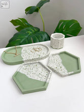 Set of 4 modern terrazzo trays in sage split with sage green and white speckled concrete hexagonal and oval shapes