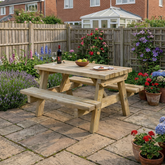 4 seater wooden picnic table with attached benches in light natural timber finish and pressure-treated timber