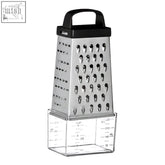 Silver metal 4-sided grater with black handle and clear collection compartment for easy grating and storage