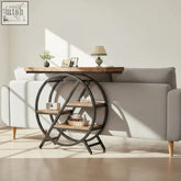 Industrial 4-tier console table with rustic wood top and black geometric metal frame for entryway use