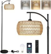 Rayofly Arc Floor Lamp for Living Room, Dimmable Floor Lamps with Remote Control, Boho Standing Lamp with Rattan & Linen Double Shades, Black Reading Tall Lamp for Bedroom Office, 9W LED Bulb Included