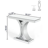 A sleek 43.3 inch mirrored glass console table with a glossy white top and curved legs perfect for living room entryways
