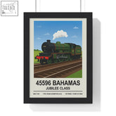A framed poster of the green and black 45596 bahamas jubilee class steam locomotive vintage train wall art