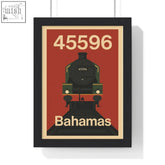 Black-framed steam train poster featuring green 45596 bahamas steam train illustration on red railway wall art print