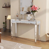 Silver mirrored console table with glittering bejeweled accent strip perfect for living room entryway and foyers
