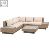 Beige cushioned outdoor sectional sofa with woven wicker frame steel frame coffee table and two loveseats set