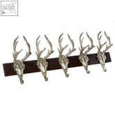Silver deer antler stag head hanger with dark wood base perfect as a stylish and functional head hanger