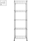 Chrome finished 5 tier wire shelving unit with black caster wheels for kitchen and bathroom storage uses