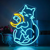 Horseneon Cat and Moon Neon Sign Cat Neon Signs for Wall Decor Moon Neon Light for Bedroom Animal USB Dimmer Neon Sign for Kid's Room Living Room Bar Cat Lovers