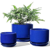 LE TAUCI Plant Pots, 11+13+17 cm Ceramic Planters, Set of 3 Flower Pots with Drainage Hole and Saucer, Indoor Plant Pot with Hole Mesh Pad, Gifts for Mom, Sapphire Blue