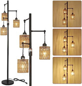 Rayofly Dimmable Rattan Floor Lamp, 3-Lights Boho Lamp with Stepless Dimmer, Industrial Lamps for Living Room, Tall Tree Shades, Farmhouse Standing Bedroom Black-3 Lights