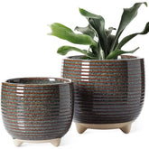 LE TAUCI Ceramic Plant Pots, 12 + 16 cm Footed Pots for Plants, Cute Modern Flower Pots for House and Office, Small Indoor Planters with Drainage, Reactive Glaze Black