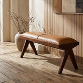 Inca Tan Leather and Teak Wood Bench