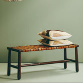 Inca Tan Leather and Teak Wood Bench with Lattice Design