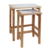 Womad Large Set Of 2 Wooden Side Tables With White Marble Tops