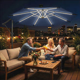 Outsunny 3 m Garden Cantilever Parasol with LED Solar Light, Round Overhanging Umbrella with 360° Rotation, Cover, Navy Blue