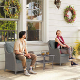 Outsunny Rattan Garden Chairs Set of 2, Outdoor Rattan Chairs with Cushions, Armrests and High Back, PE Wicker Garden Armchair with Steel Frame for Balcony, Porch, Light Grey