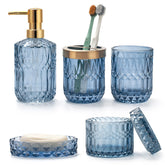 5PCS Blue Glass Bathroom Accessories Sets of Lotion Dispenser, Soap Dish, Toothbrush Holder, Tumbler, Cotton Swab Jars, Modern Bath Decor, Vintage