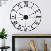 Black 78cm roman metal clock with minimalist open back design and metal roman numerals for wall decor