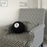 Black plush 8 ball sphere cushion shaped like a billiard ball perfect as a comfy ball sphere cushion for lounging