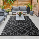 Enipate Outdoor Rugs for Patios Waterproof, 6x9ft Reversible Easy Cleaning Garden Rug, Portable Comfortable Woven Geometric Outdoor Carpet (Black &