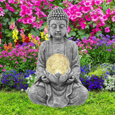 Goodeco Meditating Buddha Ornament with Solar Light,Zen Solar Garden Buddha Statue with Cracked glass ball sculpture-Indoor/Outdoor Decor Gifts for